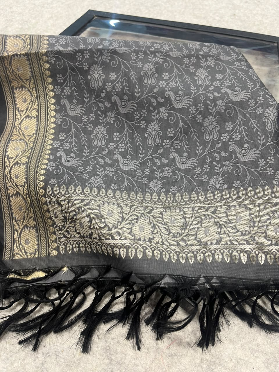 Gift Box of Pashmina Design Grey Banarasi Silk Stole with traditional integrate design – Pack of 1