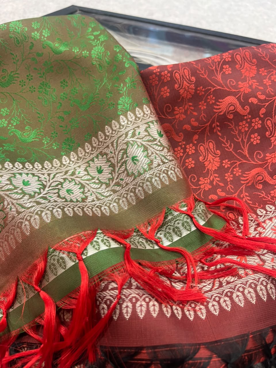 Gift Box of Pashmina Design Green And Maroon Banarasi Silk Stole with traditional integrate design – Pack of 2