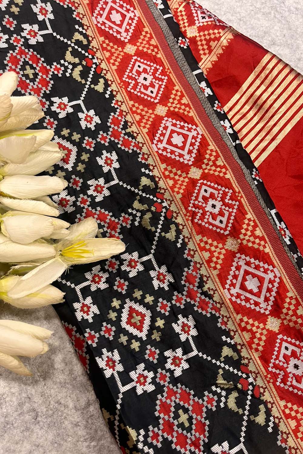 Black Patola Silk Dupatta – Ikat Geometric Print | Taniva