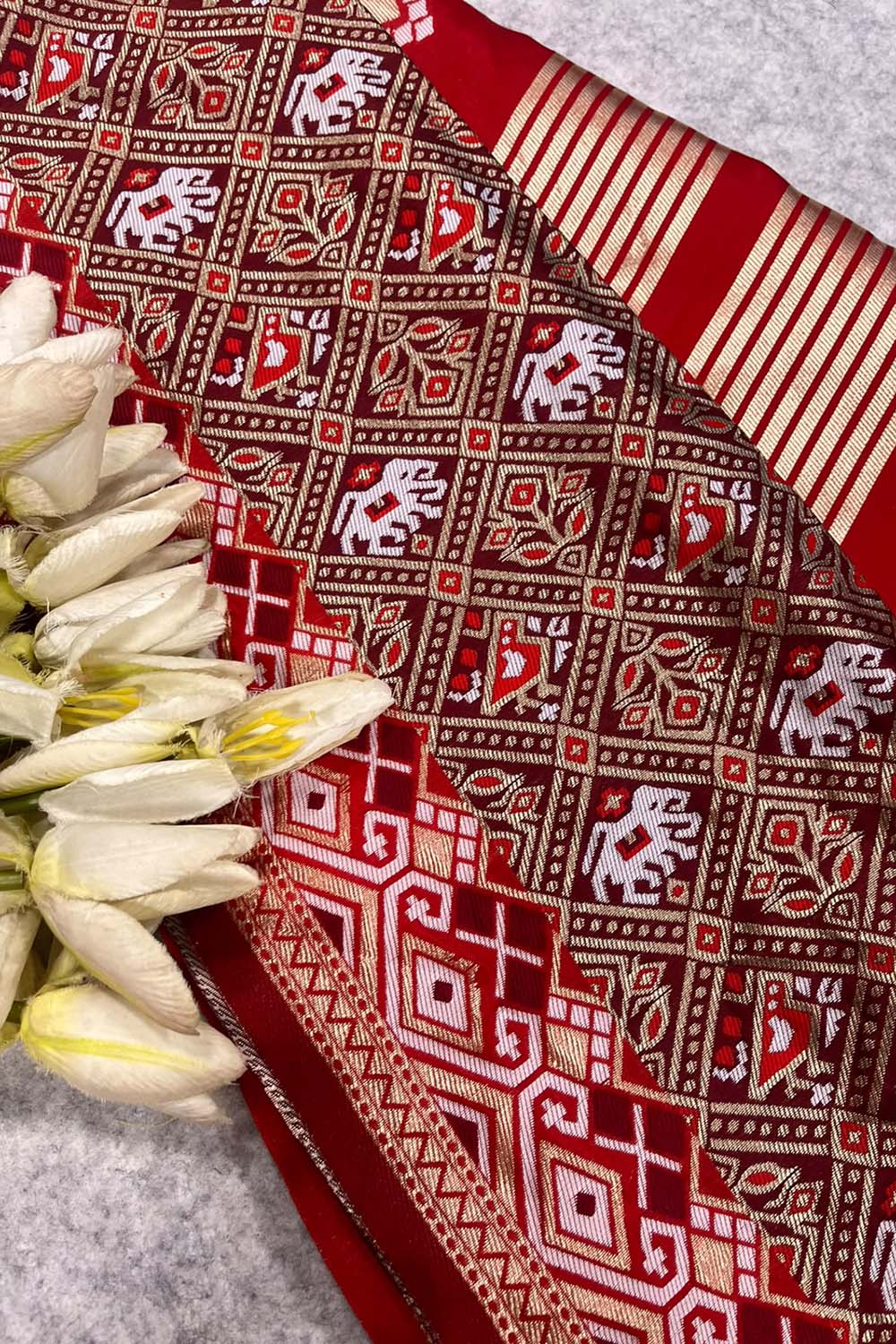 Purple Patola Silk Dupatta – Ikat Geometric Print with Tassel
