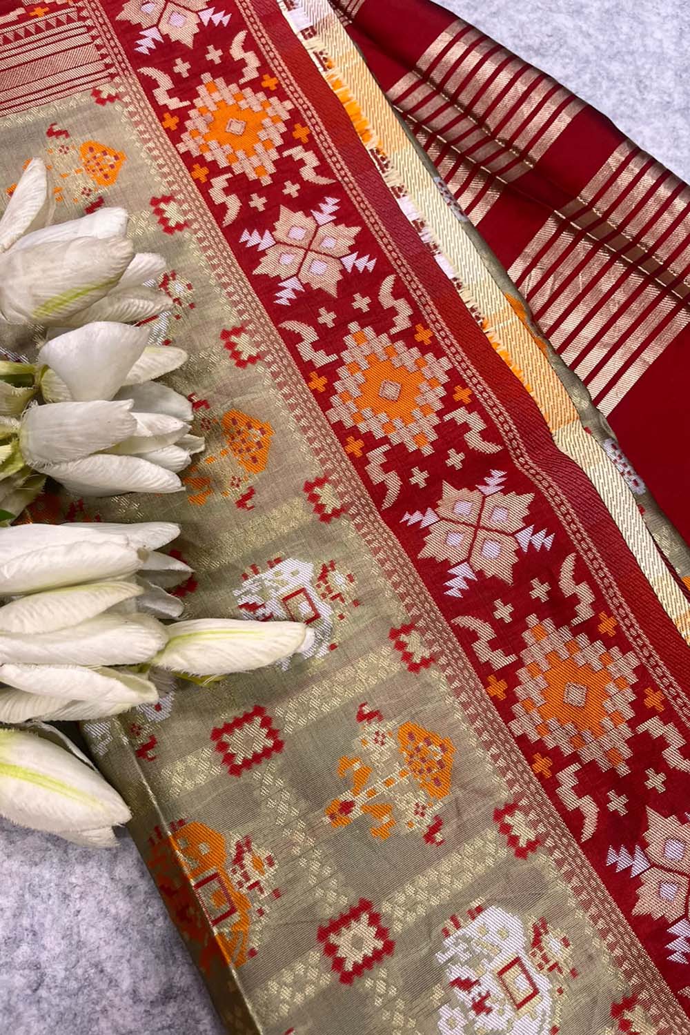 Pastel Patola Silk Dupatta – Ikat Geometric Print with Tassel