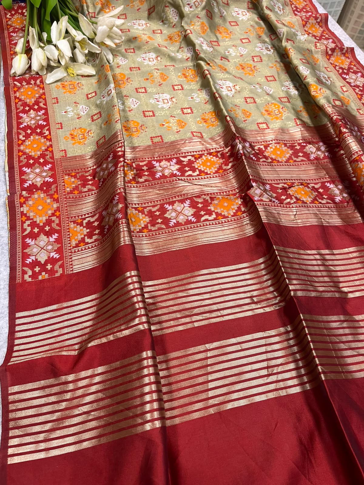 Pastel Patola Silk Dupatta – Ikat Geometric Print with Tassel