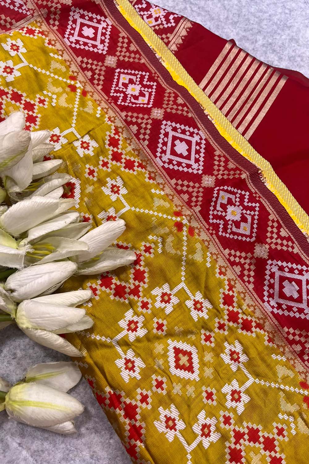 Yellow Patola Silk Dupatta – Ikat Geometric Print with Tassel