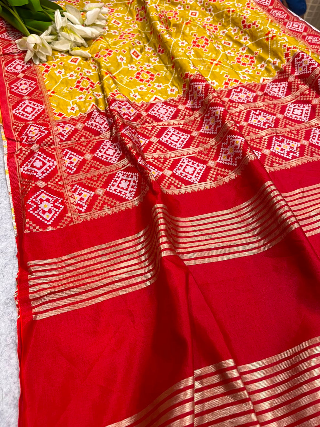 Yellow Patola Silk Dupatta – Ikat Geometric Print with Tassel