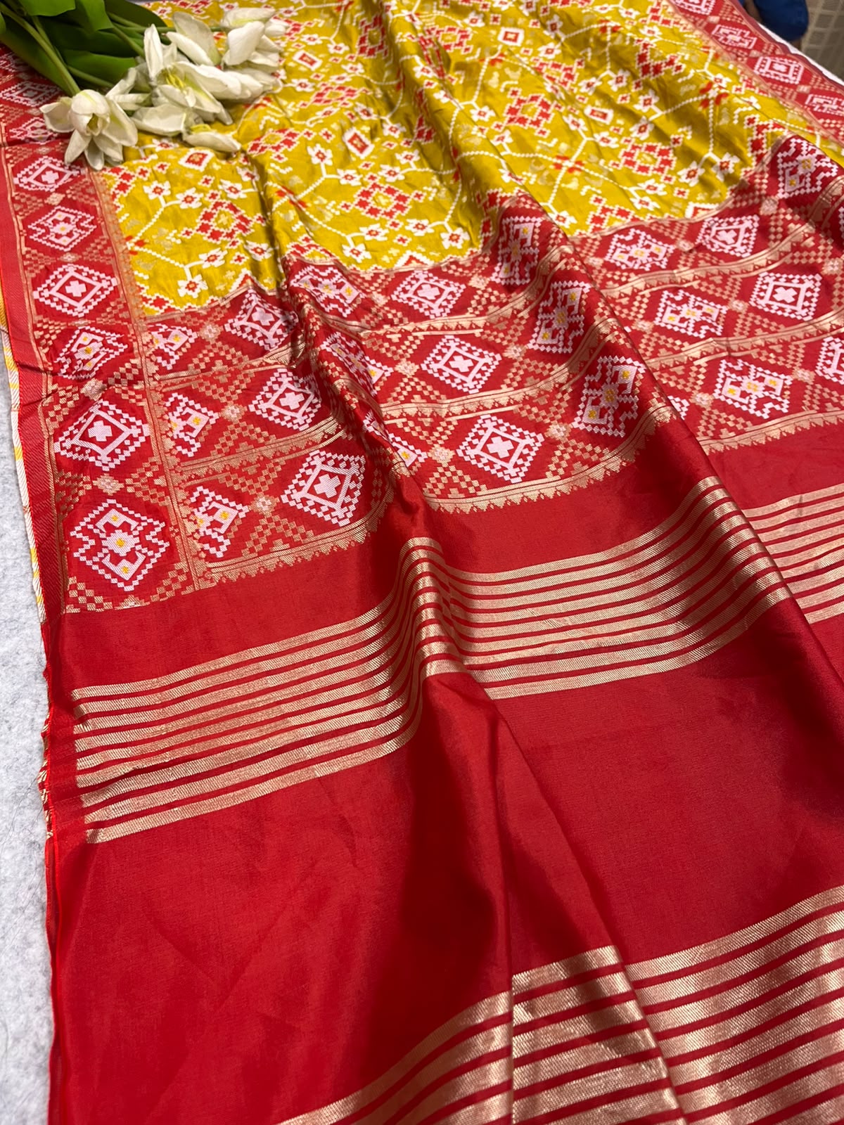 Yellow Patola Silk Dupatta – Ikat Geometric Print with Tassel