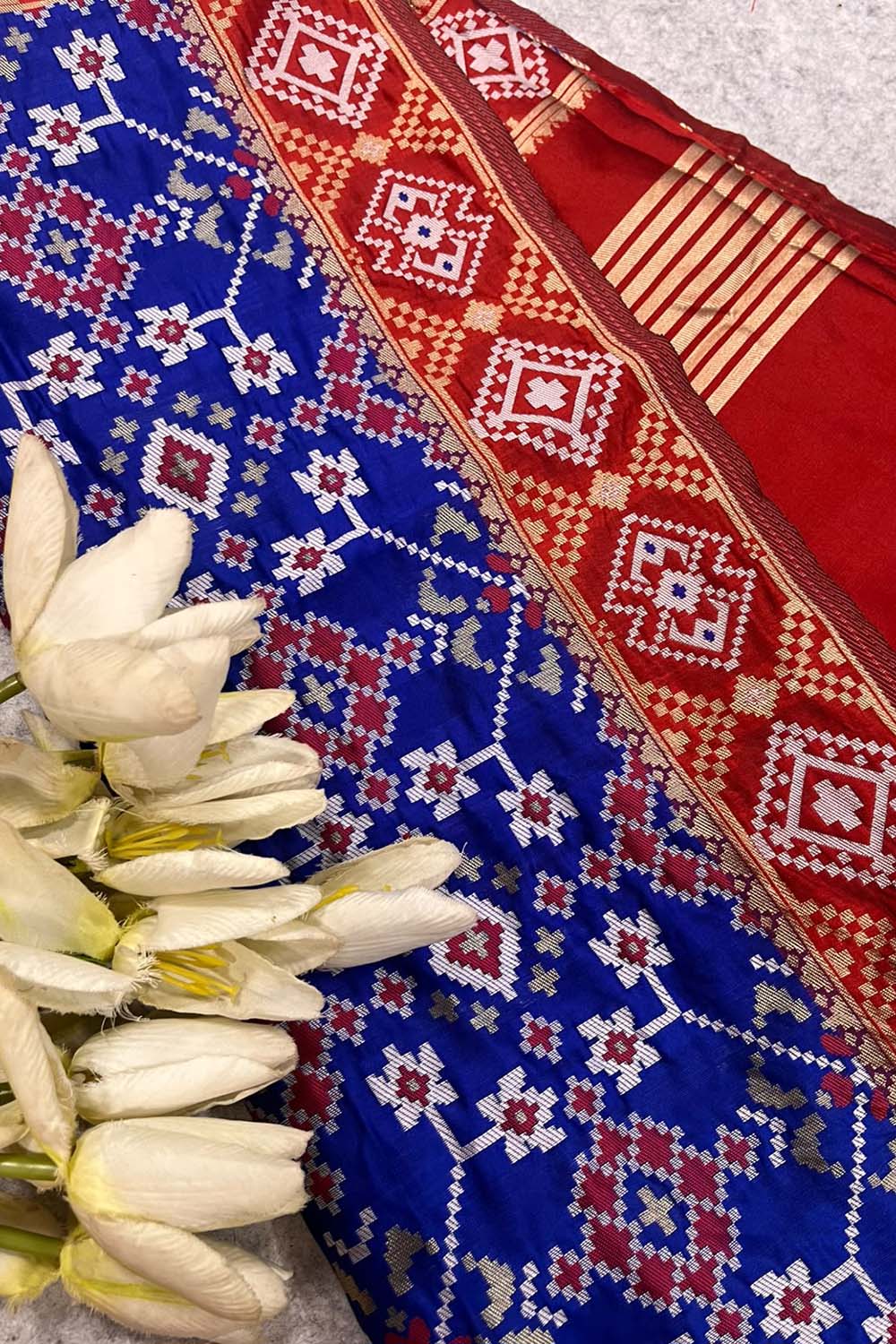 Blue Patola Silk Dupatta – Ikat Geometric Print with Handcrafted Tassel