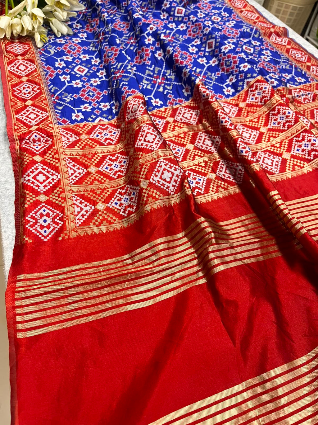 Blue Patola Silk Dupatta – Ikat Geometric Print with Handcrafted Tassel