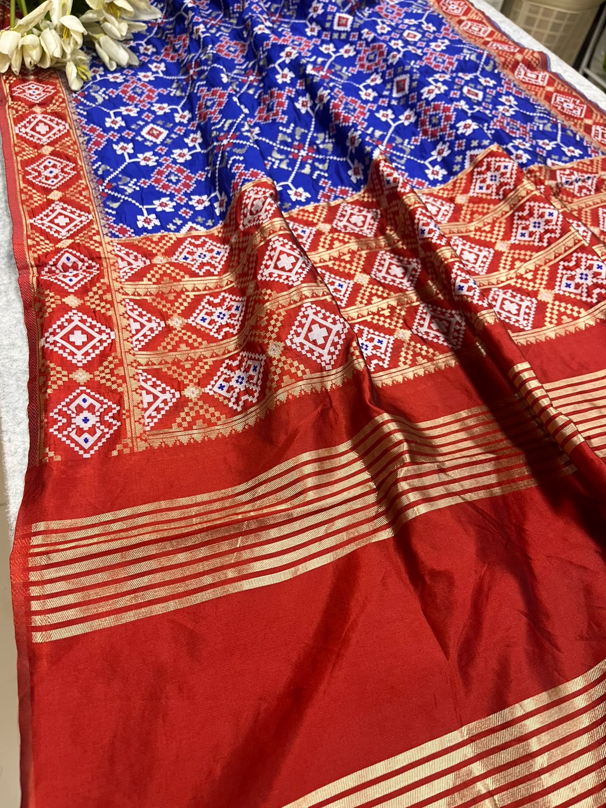 Blue Patola Silk Dupatta – Ikat Geometric Print with Handcrafted Tassel