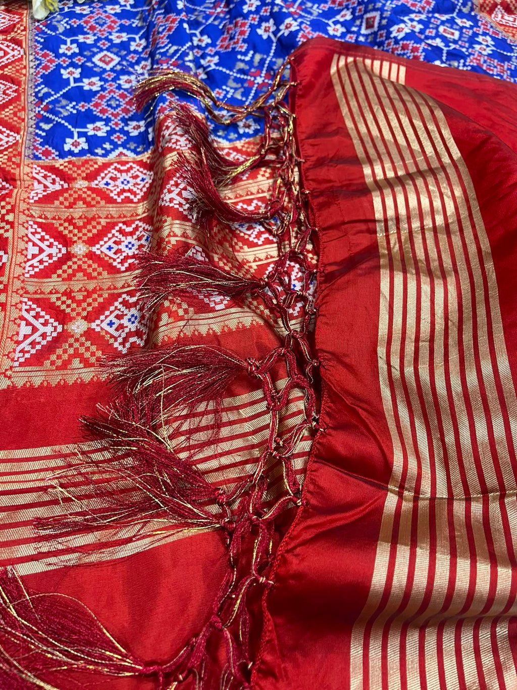 Blue Patola Silk Dupatta – Ikat Geometric Print with Handcrafted Tassel