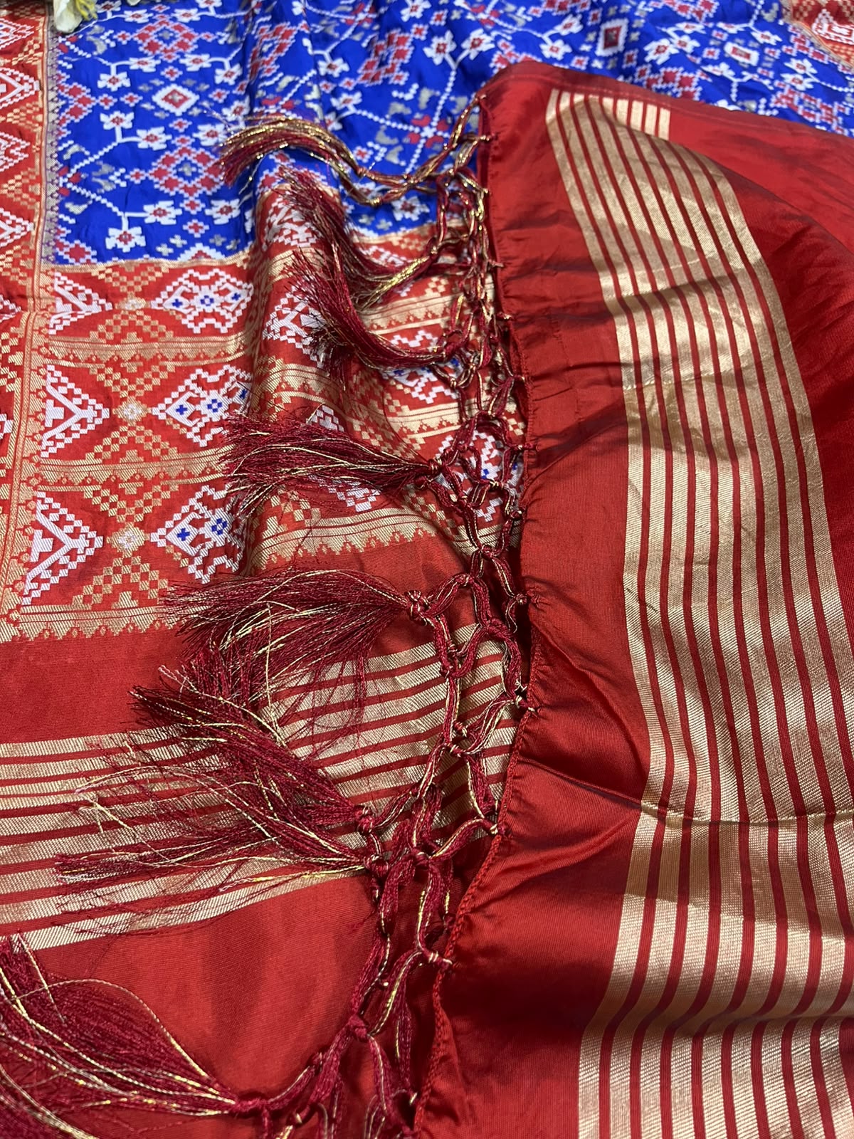 Blue Patola Silk Dupatta – Ikat Geometric Print with Handcrafted Tassel
