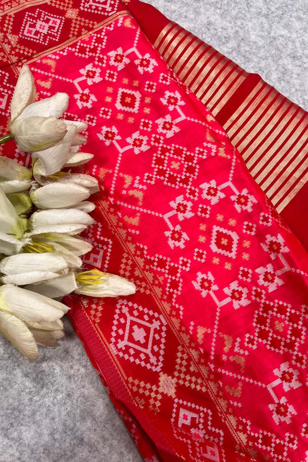 Pink Patola Silk Dupatta – Ikat Geometric Print with Tassel