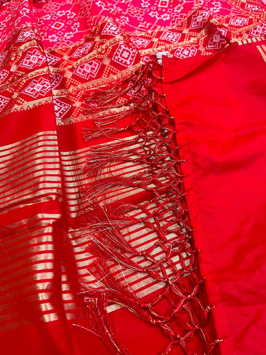 Pink Patola Silk Dupatta – Ikat Geometric Print with Tassel