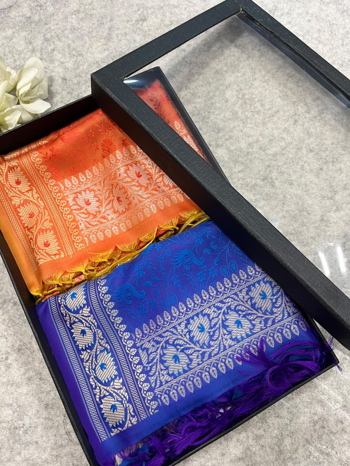 Gift Box of Pashmina Design Orange And Blue Banarasi Silk Stole with traditional integrate design – Pack of 2