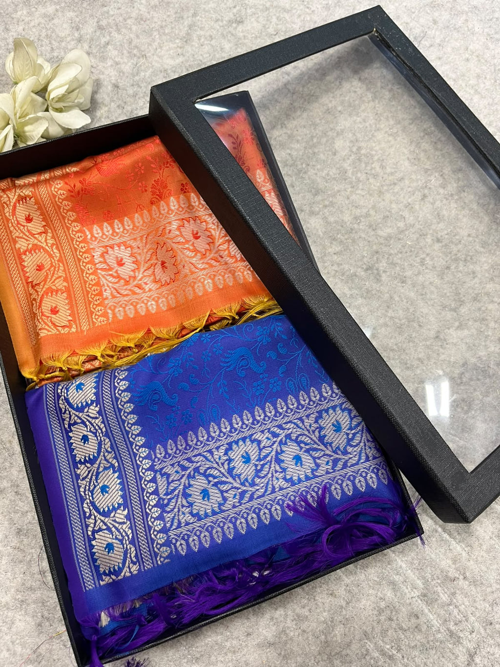 Gift Box of Pashmina Design Orange And Blue Banarasi Silk Stole with traditional integrate design – Pack of 2