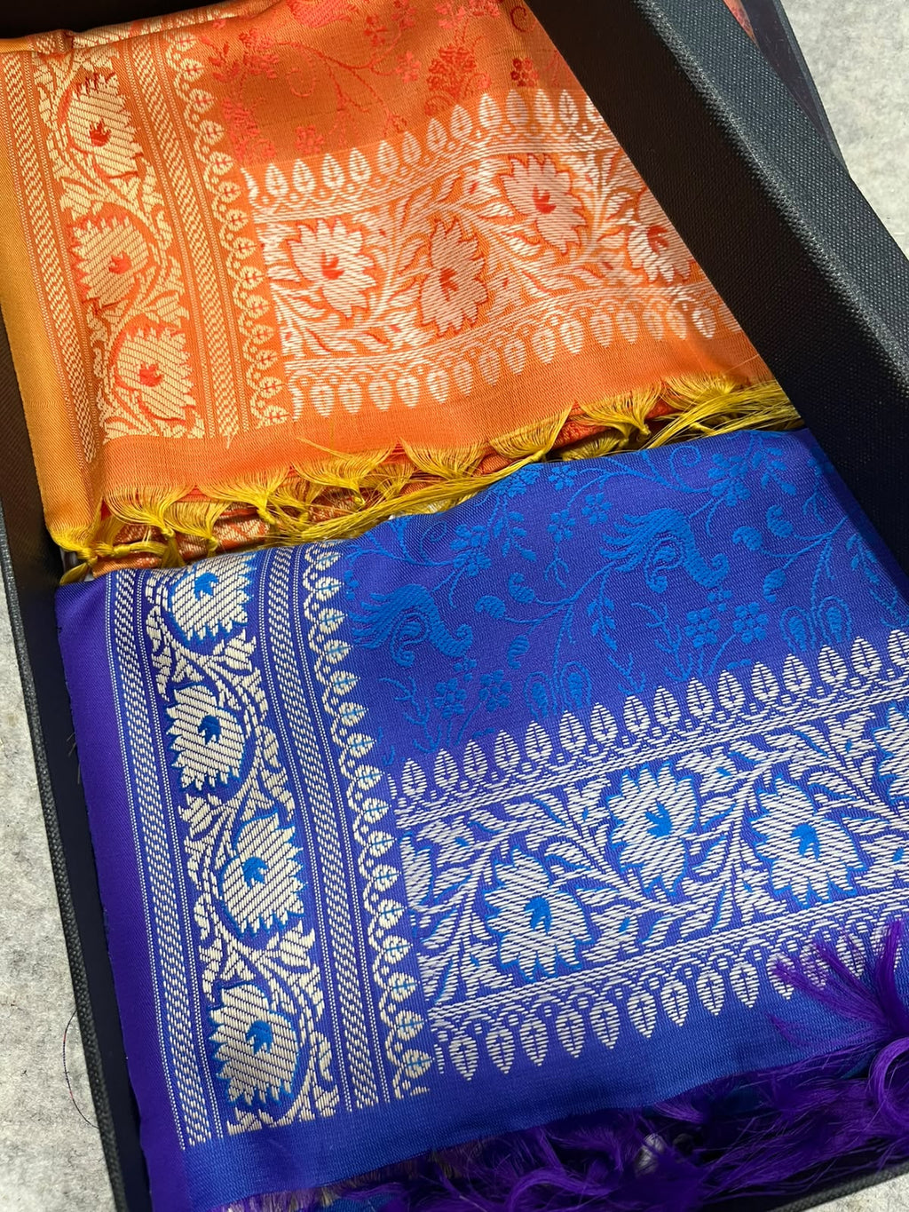 Gift Box of Pashmina Design Orange And Blue Banarasi Silk Stole with traditional integrate design – Pack of 2