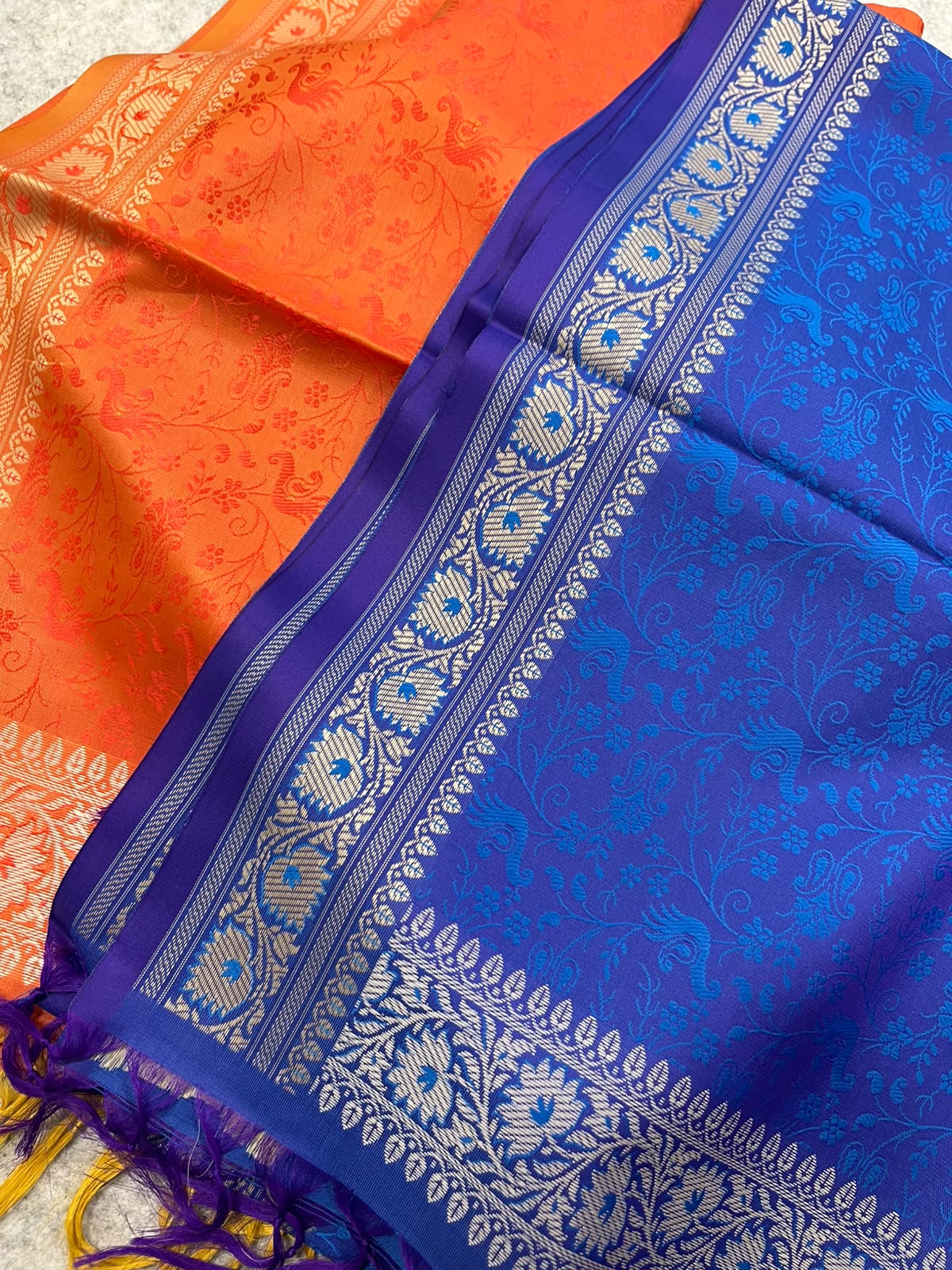 Gift Box of Pashmina Design Orange And Blue Banarasi Silk Stole with traditional integrate design – Pack of 2