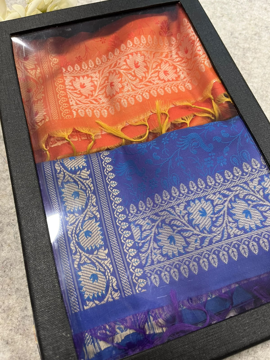 Gift Box of Pashmina Design Orange And Blue Banarasi Silk Stole with traditional integrate design – Pack of 2