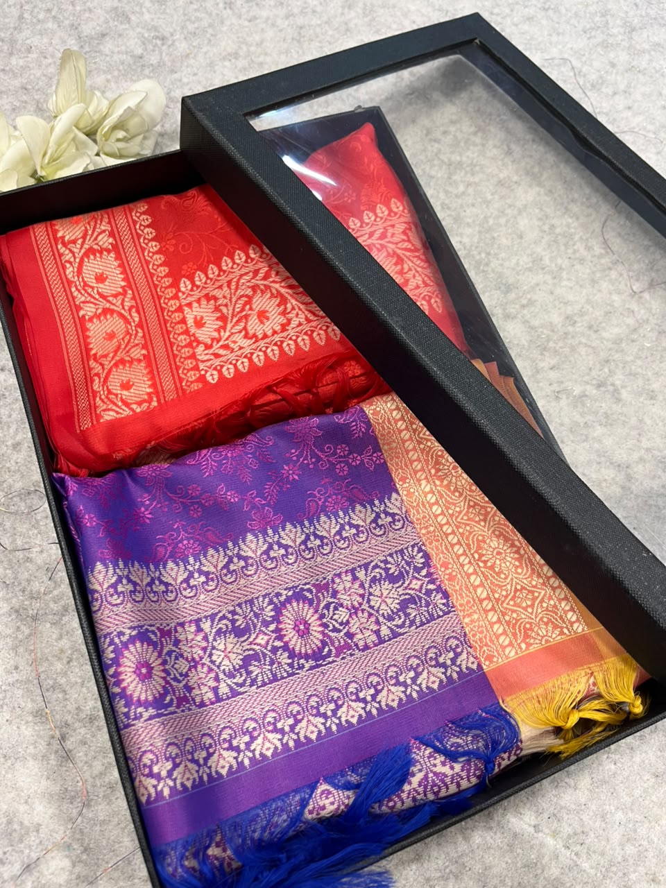 Gift Box of Pashmina Design Red And Purple Banarasi Silk Stole with traditional integrate design – Pack of 2