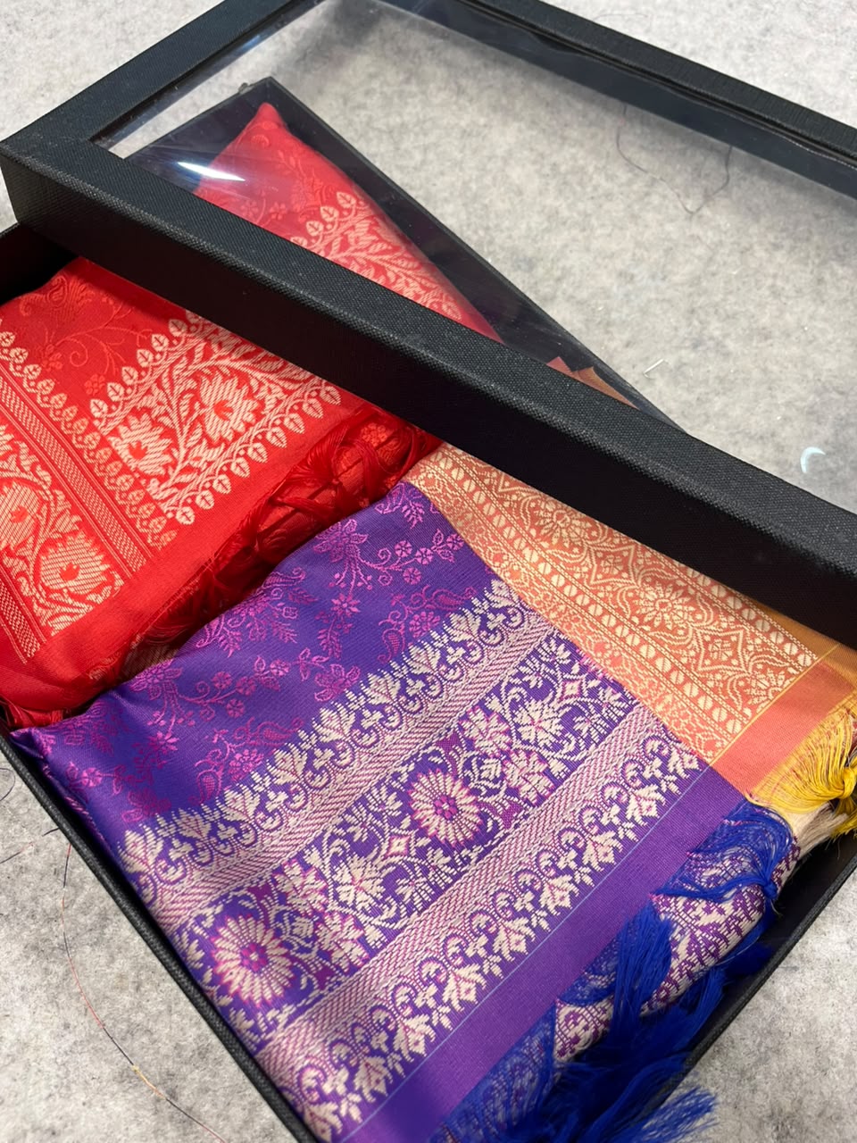 Gift Box of Pashmina Design Red And Purple Banarasi Silk Stole with traditional integrate design – Pack of 2