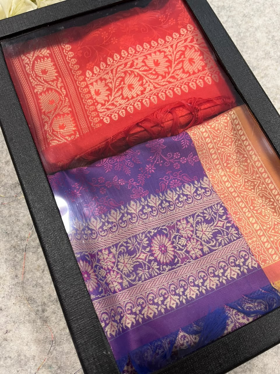Gift Box of Pashmina Design Red And Purple Banarasi Silk Stole with traditional integrate design – Pack of 2