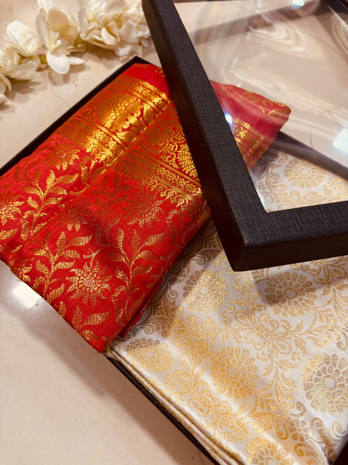 Premium Red and Off white Banarasi Silk Fashion Stole Gift Set of Two Stylish Wrap for Festive | College | Casual | Night Parties