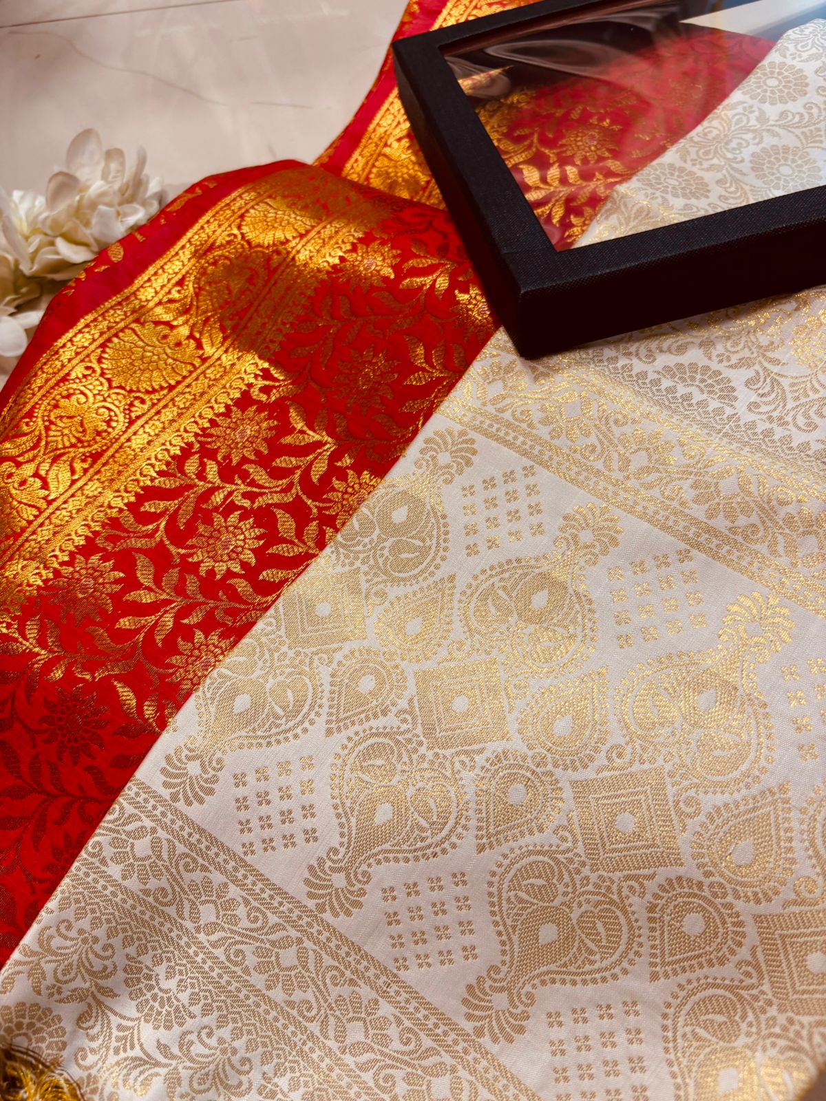 Premium Red and Off white Banarasi Silk Fashion Stole Gift Set of Two Stylish Wrap for Festive | College | Casual | Night Parties