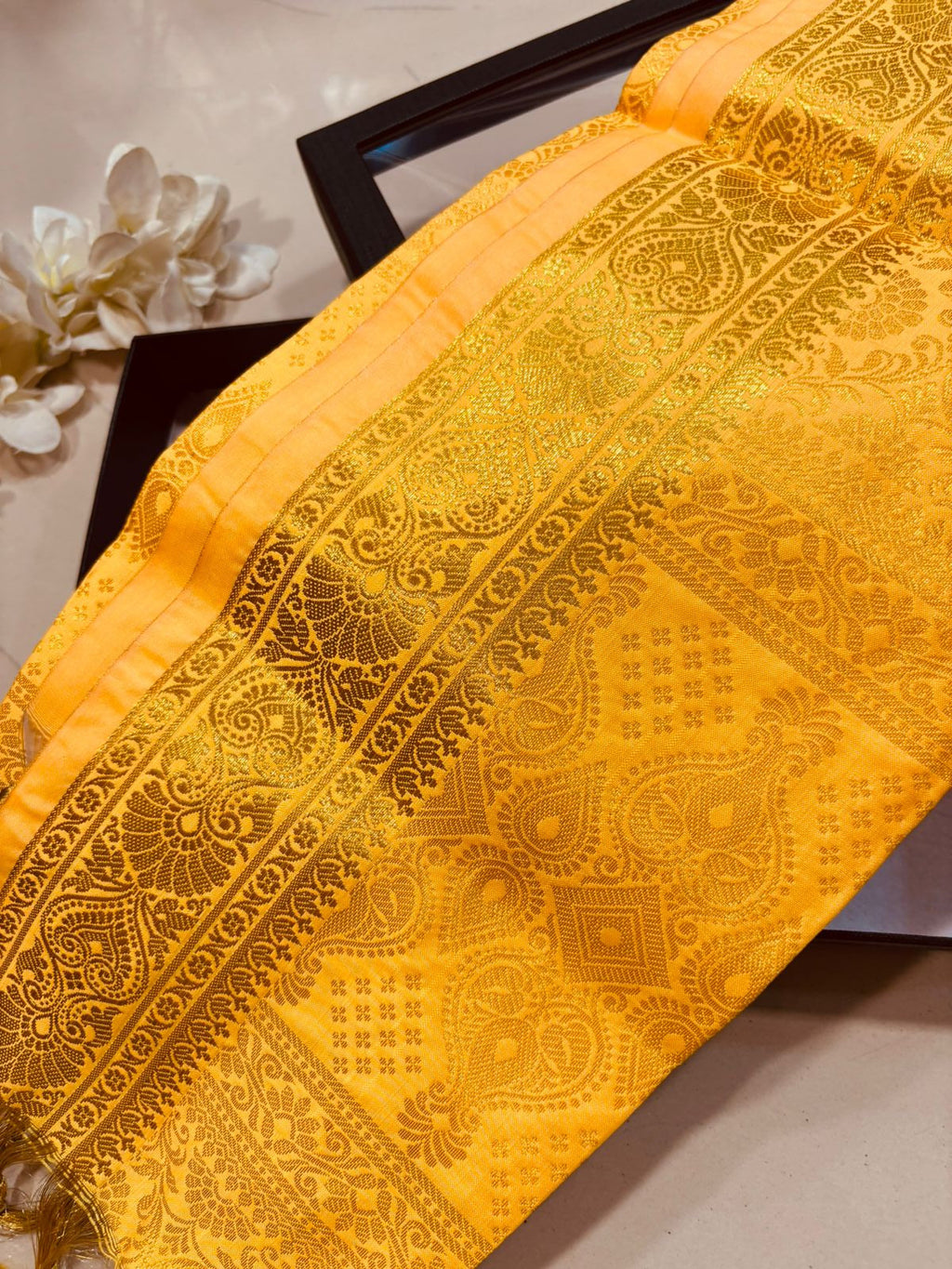 Premium Yellow Banarasi Silk Fashion Stole Gift Box Stylish Wrap for Festive | College | Casual | Night Parties - Luxurion World
