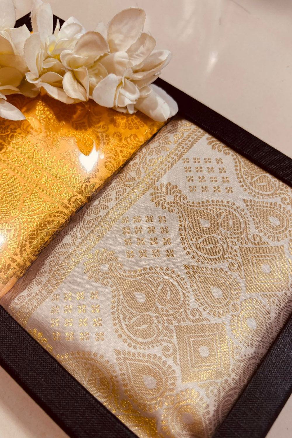 Premium Yellow and Beige Banarasi Silk Fashion Stole Gift Set of Two Stylish Wrap for Festive | College | Casual | Night Parties