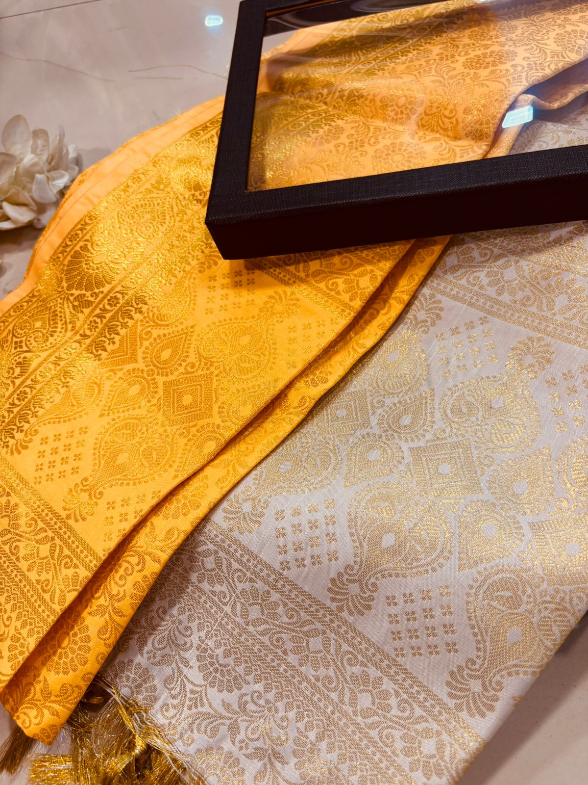 Premium Yellow and Beige Banarasi Silk Fashion Stole Gift Set of Two Stylish Wrap for Festive | College | Casual | Night Parties