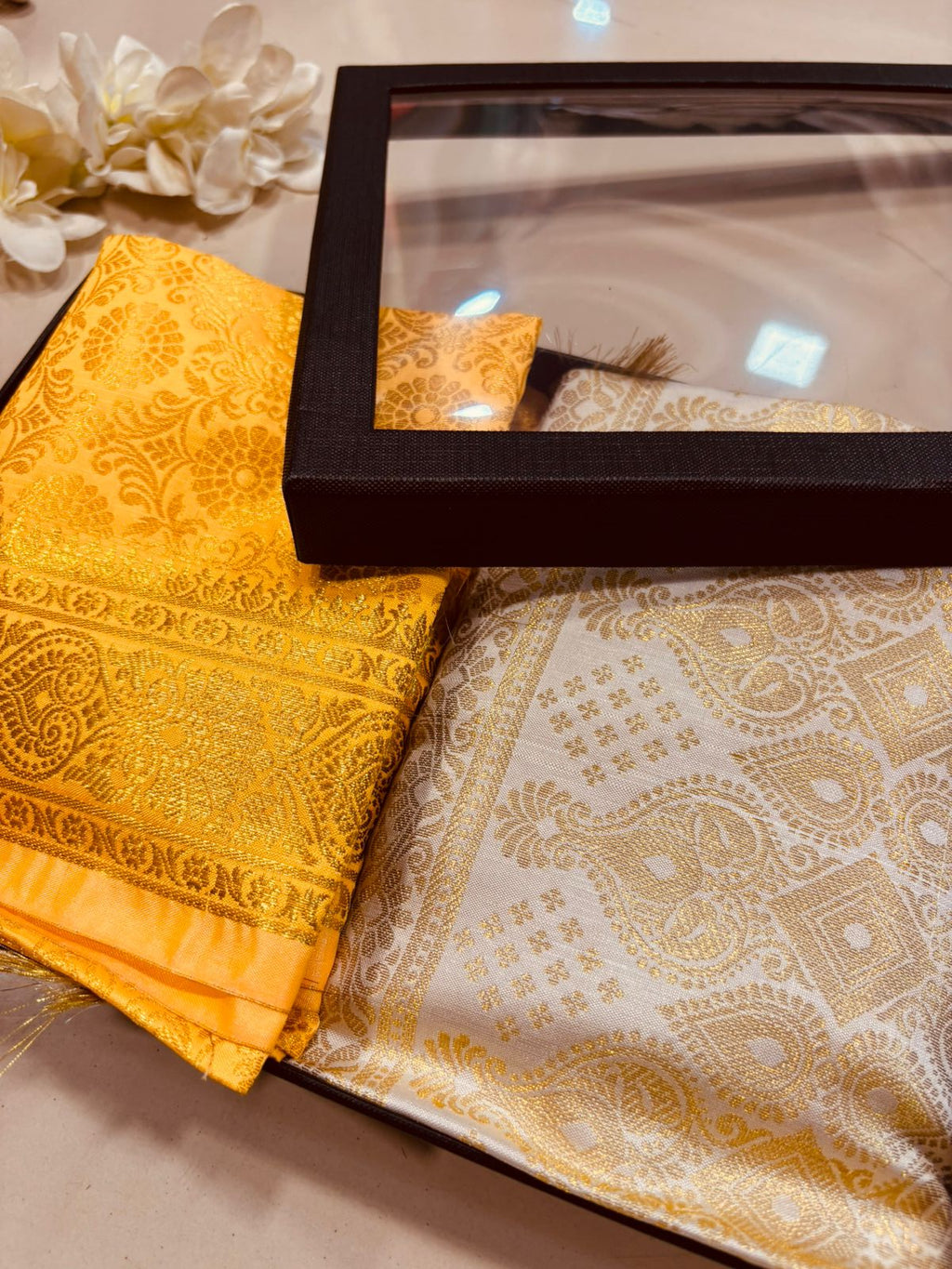 Premium Yellow and Beige Banarasi Silk Fashion Stole Gift Set of Two Stylish Wrap for Festive | College | Casual | Night Parties