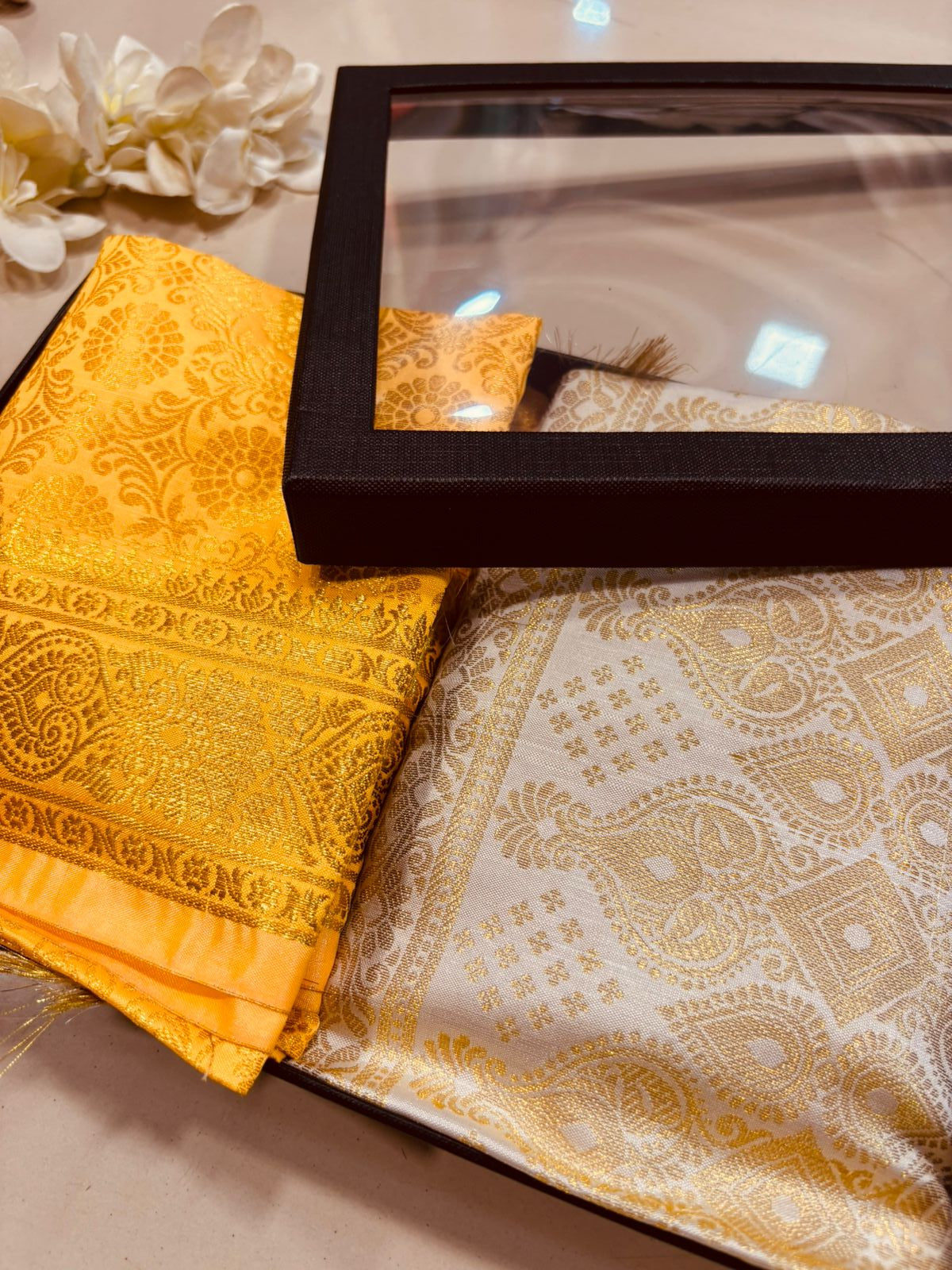 Premium Yellow and Beige Banarasi Silk Fashion Stole Gift Set of Two Stylish Wrap for Festive | College | Casual | Night Parties