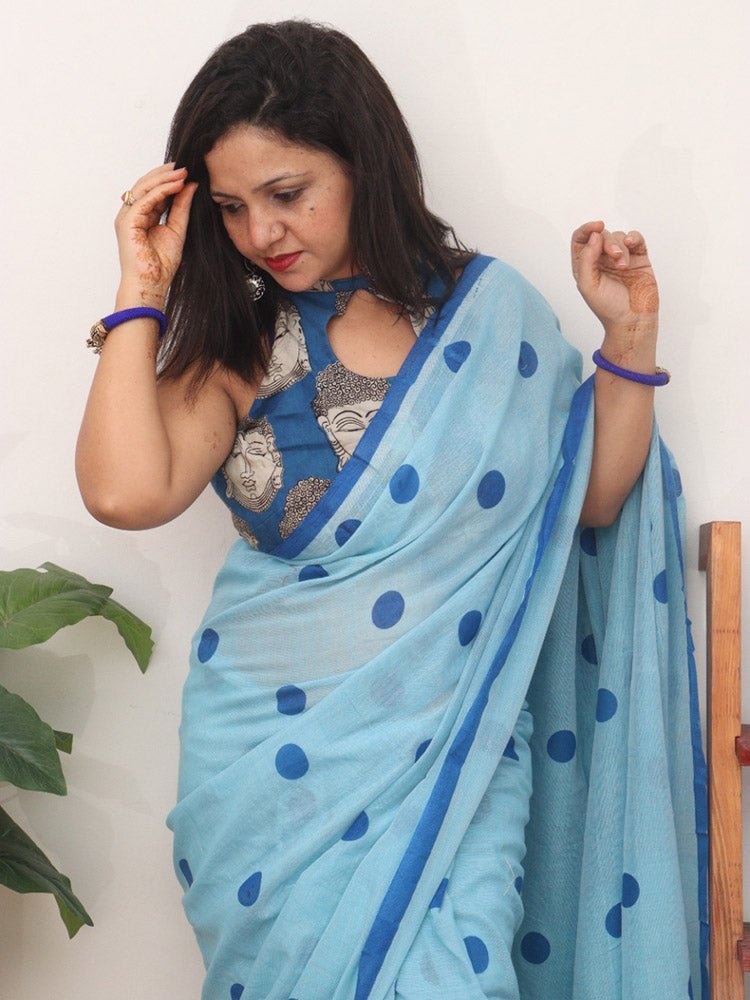 1 Min Ready To Wear - Blue Bengal Cotton Polka Dots Saree - Luxurion World