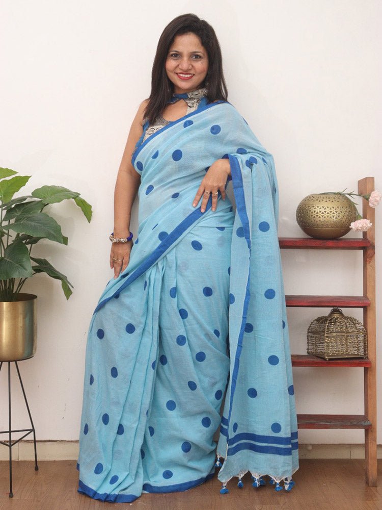 1 Min Ready To Wear - Blue Bengal Cotton Polka Dots Saree - Luxurion World