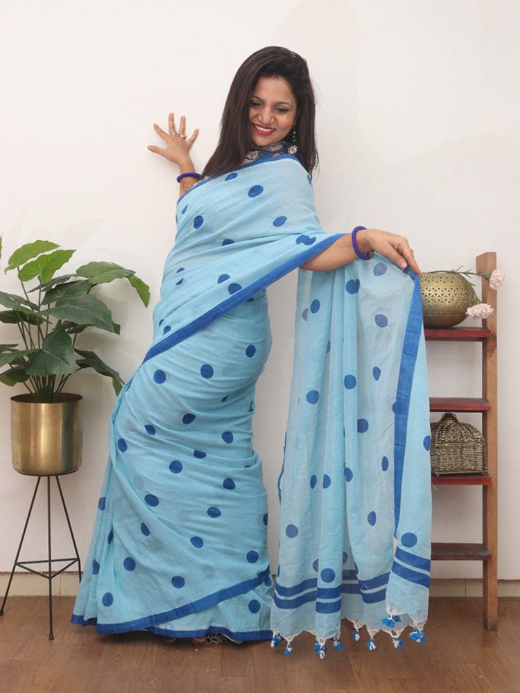 1 Min Ready To Wear - Blue Bengal Cotton Polka Dots Saree - Luxurion World