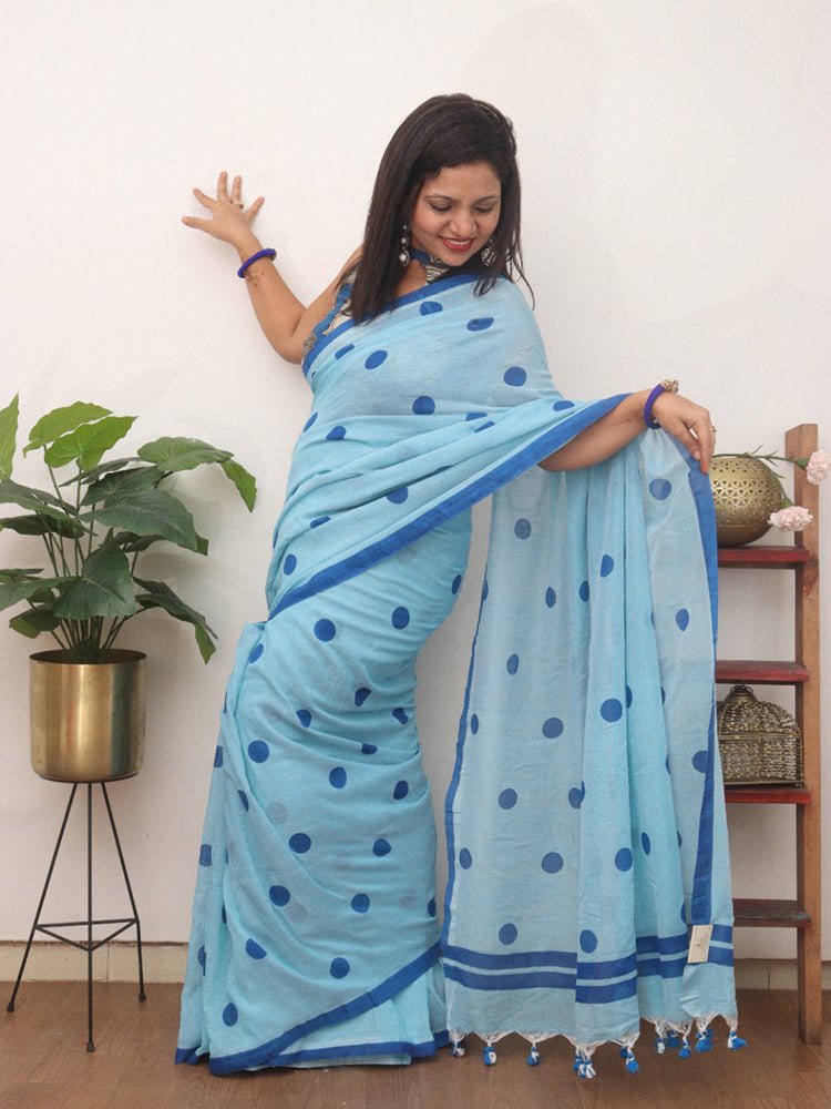 1 Min Ready To Wear - Blue Bengal Cotton Polka Dots Saree - Luxurion World