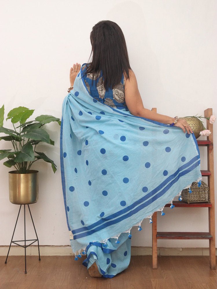 1 Min Ready To Wear - Blue Bengal Cotton Polka Dots Saree - Luxurion World