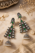 Emerald Green And Pink Stone & Pearl Oxidised Jhumka Earrings