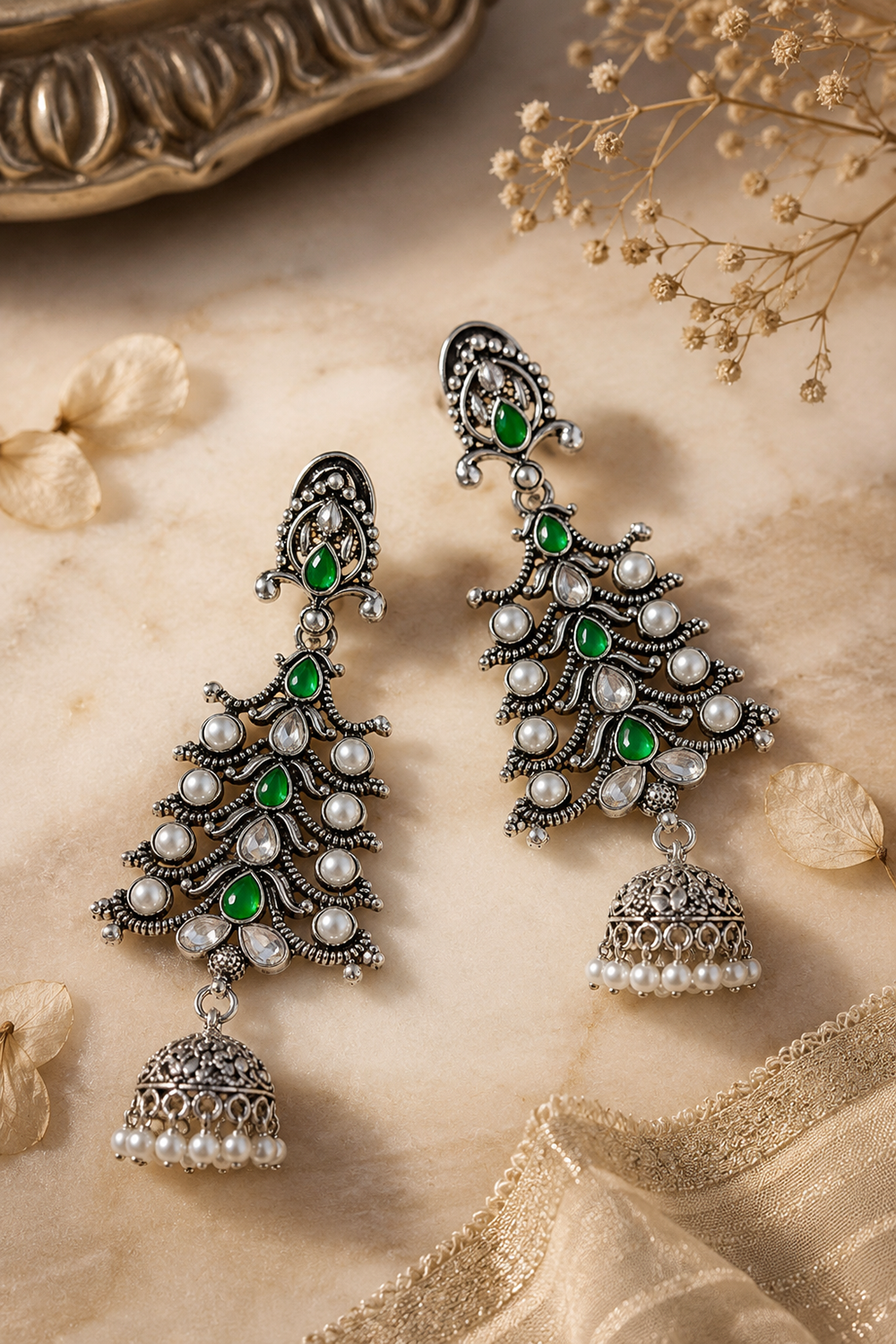 Emerald Green And Pink Stone & Pearl Oxidised Jhumka Earrings