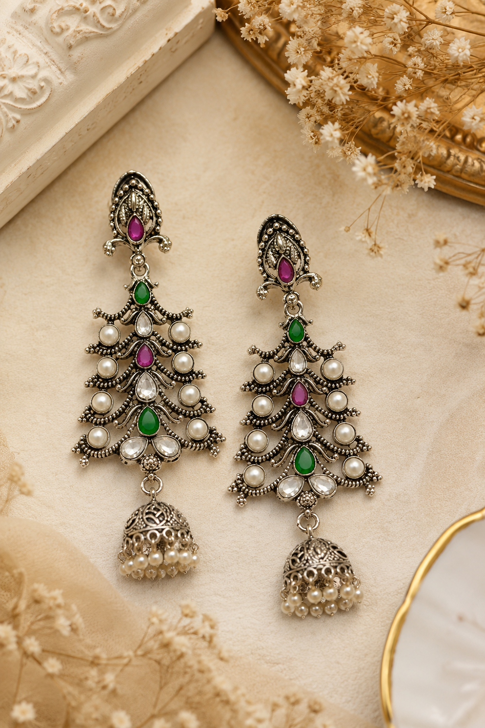 Emerald Green And Pink Stone & Pearl Oxidised Jhumka Earrings