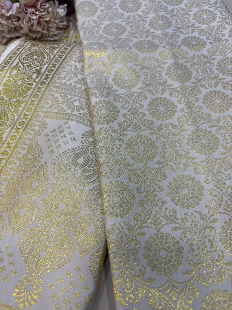 Off White Banarasi Silk Fashion Stole | Stylish Wrap for Festive , College, casual parties, & Night Outs