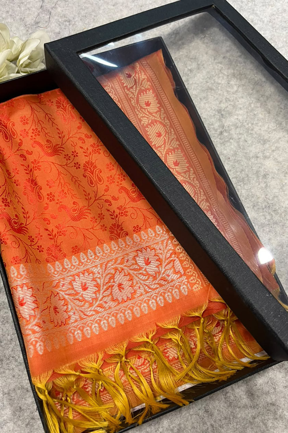 Gift Box of Pashmina Design Orange Banarasi Silk Stole with traditional integrate design – Pack of 1