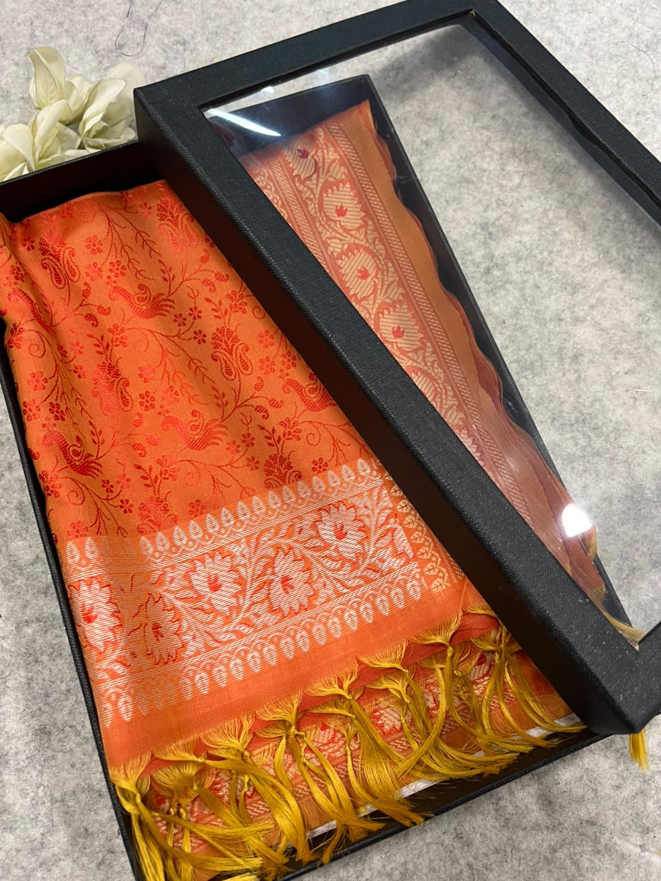 Gift Box of Pashmina Design Orange Banarasi Silk Stole with traditional integrate design – Pack of 1