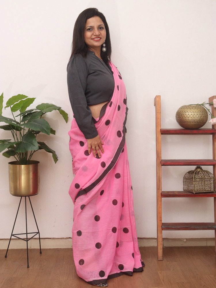 Pink Bengal Cotton Polka Dots Saree - Luxurion World
