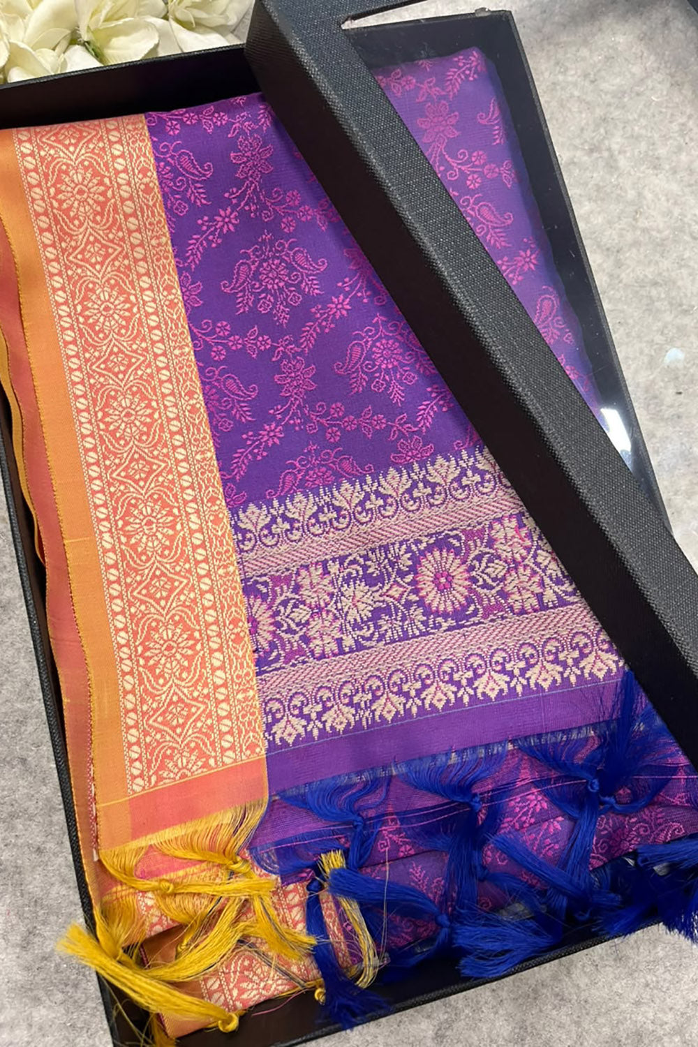 Gift Box of Pashmina Design Purple Banarasi Silk Stole with traditional integrate design – Pack of 1