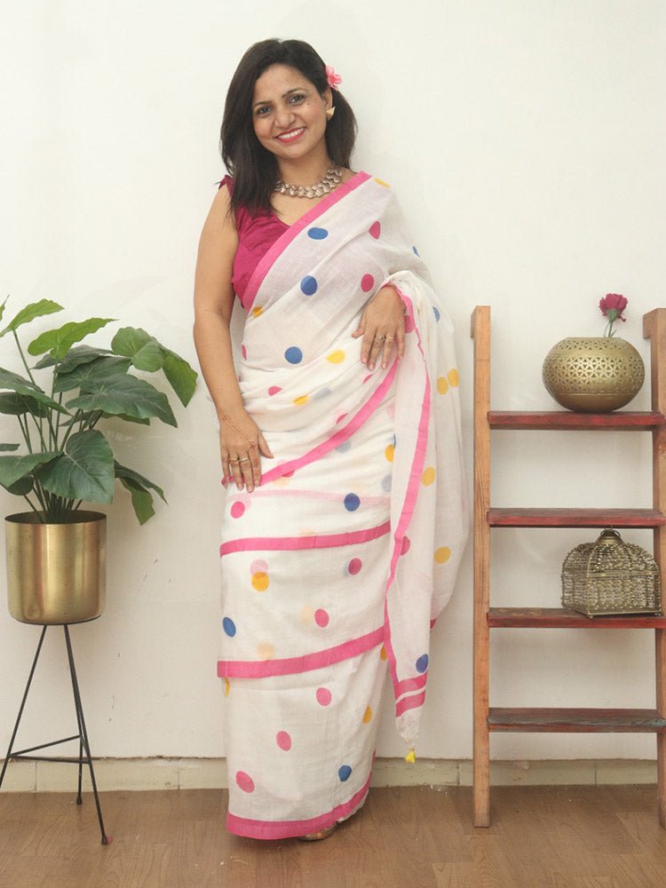 Stylish White Bengal Cotton Polka Dots Saree - Luxurion World