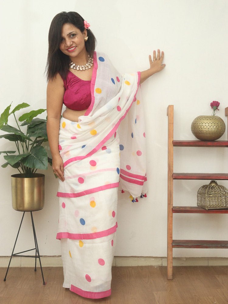 Stylish White Bengal Cotton Polka Dots Saree - Luxurion World