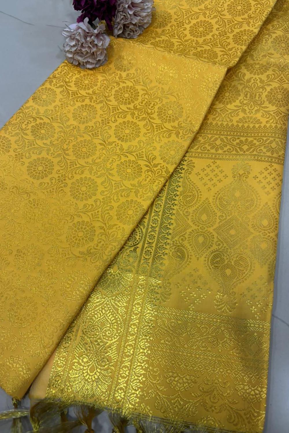 Yellow Banarasi Silk Fashion Stole | Stylish Wrap for Festive , College, casual parties, & Night Outs