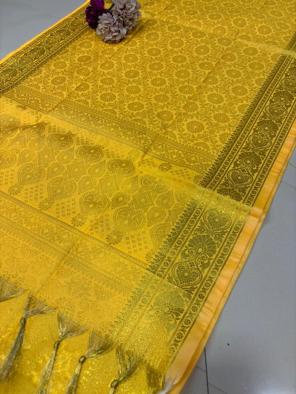 Yellow Banarasi Silk Fashion Stole | Stylish Wrap for Festive , College, casual parties, & Night Outs