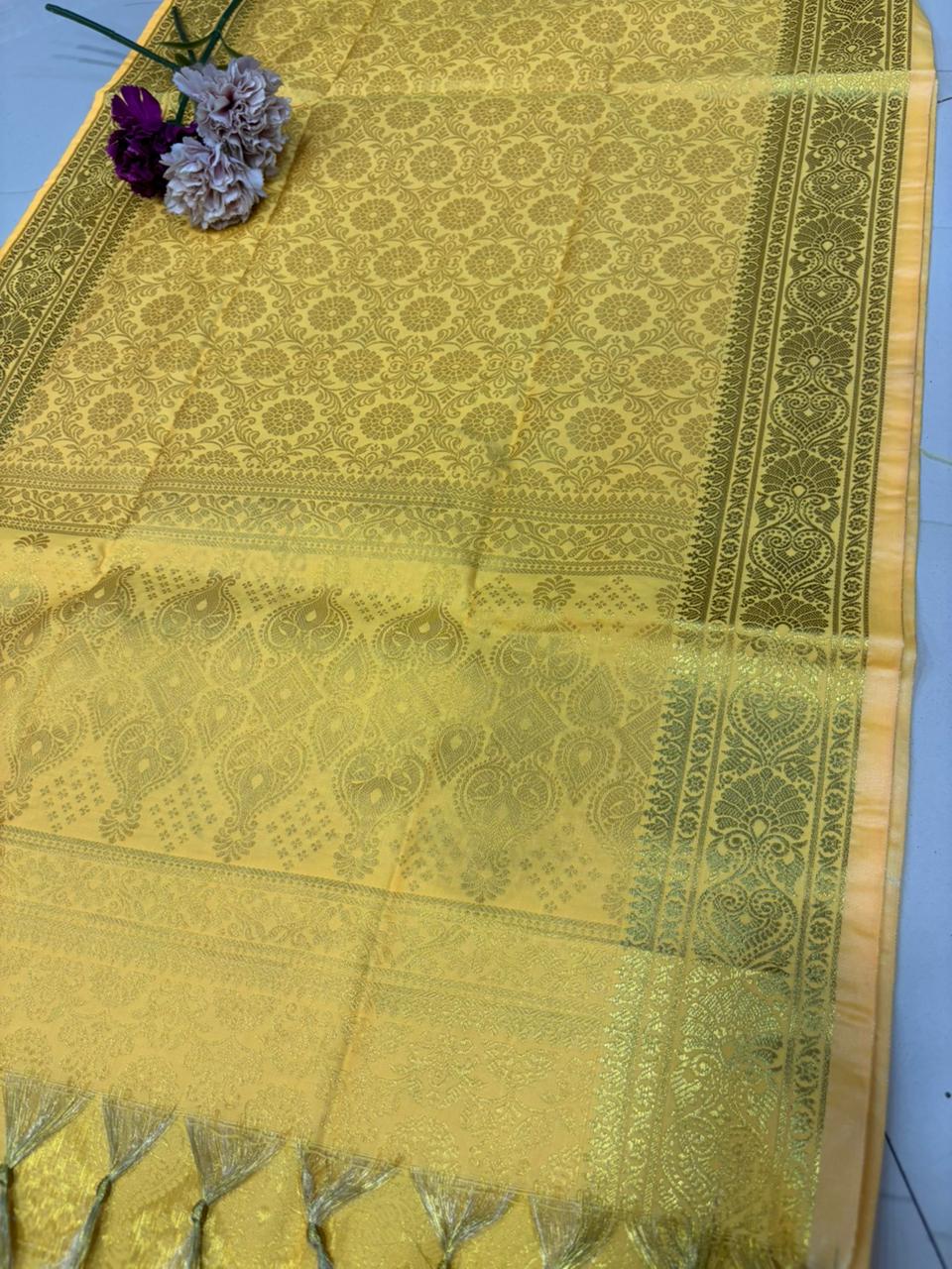 Yellow Banarasi Silk Fashion Stole | Stylish Wrap for Festive , College, casual parties, & Night Outs